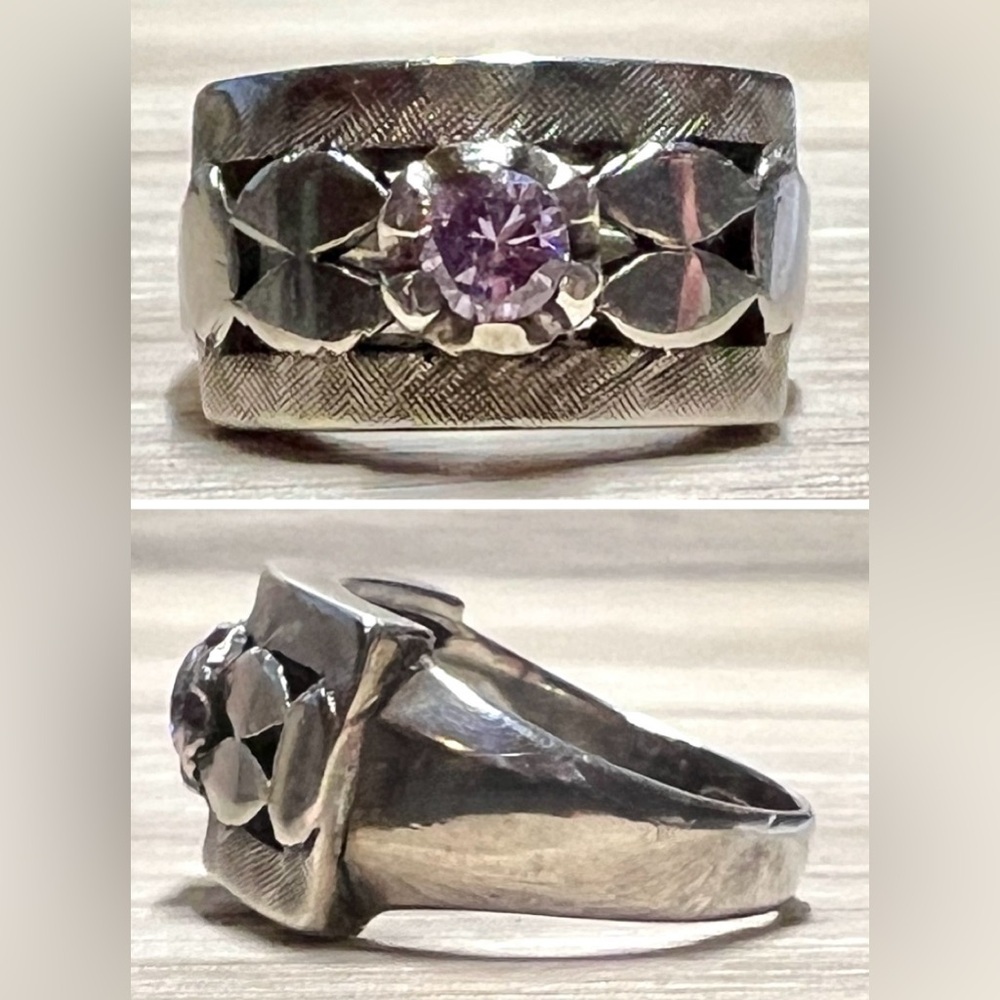 Vintage Southwest Handmade Etched Sterling Silver Amethyst Band Ring, Size 5.25